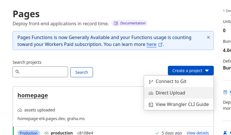 Create new pages project